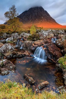 Wild river, waterfall, autumn colours, morning light, mountain landscape, cloudy mood, Buachaille