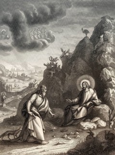 The temptation of Christ, Judaean Desert, Steel engraving 1853, digitally restored