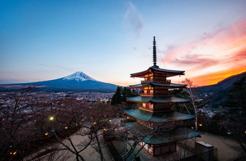 Five-story pagoda of a Shinto Shrine, Chureito Pagoda, with views of Fujiyoshida City and Mount