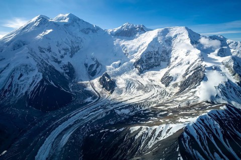 Mt Denali or Mount McKinley with glacier, aerial view, Alaska Range, Denali National Park, Alaska,