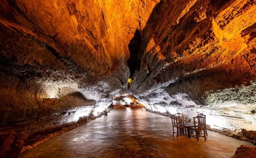 Underground cave formed by lava flow, illuminated lava cave, Cueva de los Verdes, Lanzarote, Canary