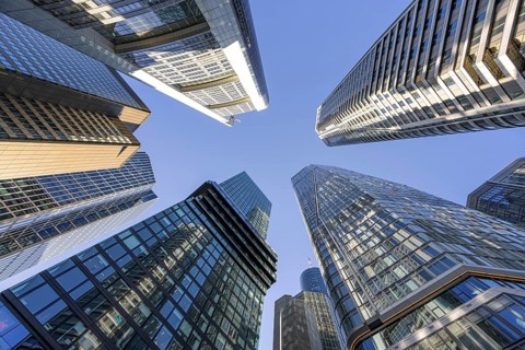 The skyscrapers of Frankfurt's skyline rise far into the sky, Frankfurt am Main, Hesse, Germany