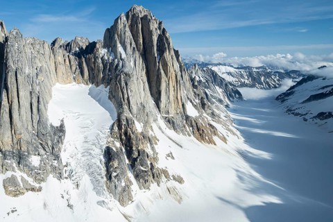 Cliffs, Kichatna Spires, snow and ice, epic mountains with glaciers, aerial view, Alaska Range,