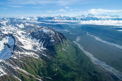Mt Foraker and Mt Denali or Mount McKinley, aerial view, Alaska Range, Denali National Park,