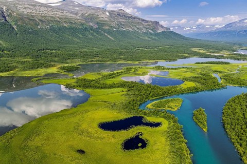 Aerial view of river Vistasjohka, branching river arms, turquoise colored river, Vistasvagge