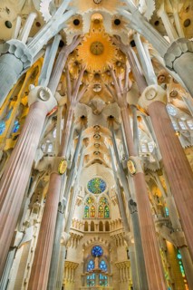 Interior view of the Familia Sagrada by the architect Antonio Gaudi in Barcelona, Spain