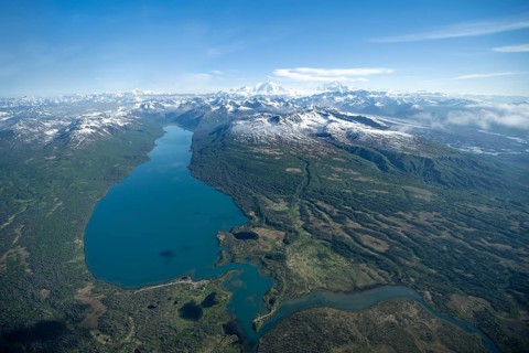 Chelatna Lake, Mt Foraker and Mt Denali or Mount McKinley, aerial view, Alaska Range, Denali