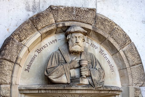City view of Schwäbisch Hall. Bust of Halle reformer Johannes Brenz. Schwäbisch Hall,
