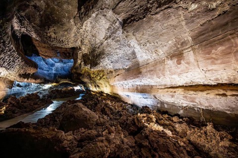 Underground cave formed by lava flow, illuminated lava cave, Cueva de los Verdes, Lanzarote, Canary