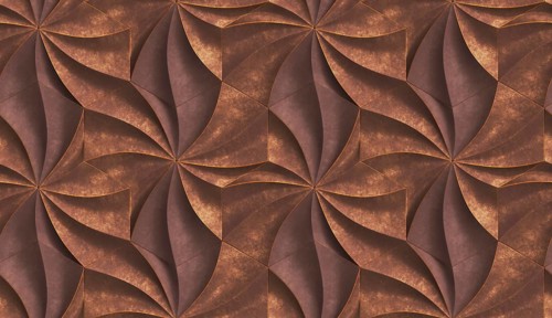 3D expensive wallpaper of architectural modules is black and brown with red gold frayed edges.