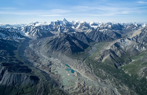 Melted glacier, glacier bed, aerial view, Alaska Range, Denali National Park, Alaska, USA