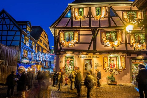 Colour-illuminated and Christmassy decorated half-timbered houses, blue hour, Christmas market,