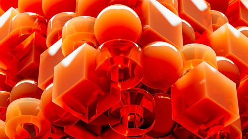 An engaging array of 3D geometric shapes in fiery orange tones combines spheres and cubes, creating