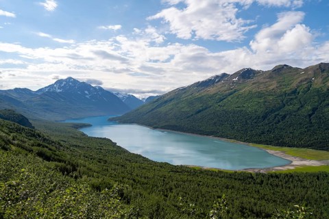View of blue lake and mountains on Twin Peaks Trail, Eklutna Lake, Chugach Mountains, Chugach State