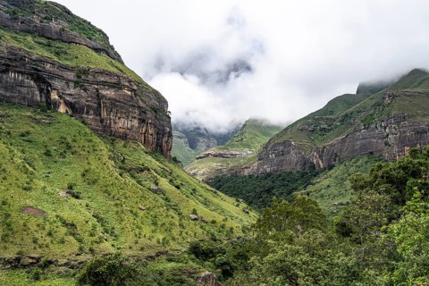 Landscape with mountains and fog, Drakensberg National Park, KwaZulu Natal, South Africa