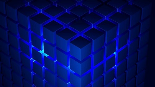 Cube structures create a captivating geometric arrangement highlighted by blue light, showcasing
