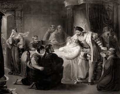 The deathbed of Leonardo da Vinci on May 2, 1519 with Francis I of France holding his head