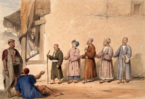 Cabul, a kuttar or row of blind beggars, Kabul, Afghanistan, after an illustration from 1838 by