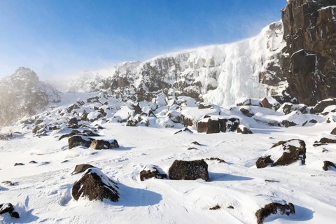 Öxarárfoss, frozen waterfall, lava rock, rock, snow, frost, winter, Golden Circle, Iceland,