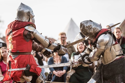LUBIAZ, POLAND - AUGUST 25, 2018: Monastery Siege - historical staging. Knights tournament
