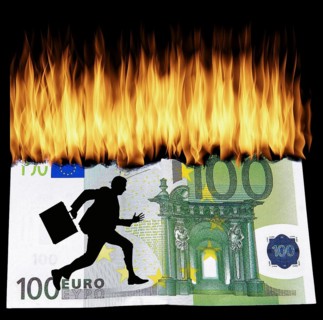 Symbolic image for stock market, Bitcoin, euro is burning, person flees, bull and bear, rising and