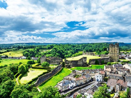 Richmond Castle from a drone, Richmond, Yorkshire Dales, North Yorkshire, England, United Kingdom