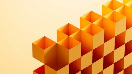 This graphic features an arrangement of 3D cubes in bright orange tones, forming an abstract