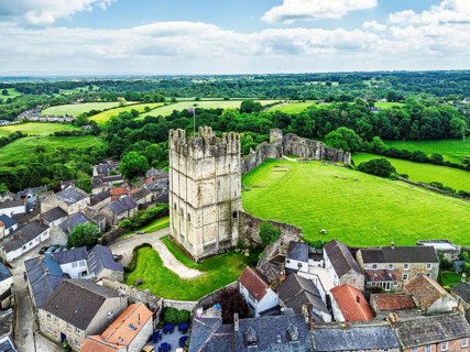 Richmond Castle from a drone, Richmond, Yorkshire Dales, North Yorkshire, England, United Kingdom
