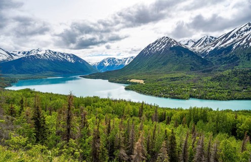 View of snowy mountains in spring and turquoise blue Kenai Lake, Slaughter Ridge Trail, Cooper