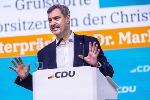 38th Federal Party Congress of the CDU of Germany in Stuttgart. Greetings from Markus Söder, party