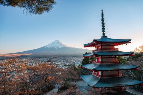 Five-story pagoda of a Shinto Shrine, Chureito Pagoda, with views of Fujiyoshida City and Mount