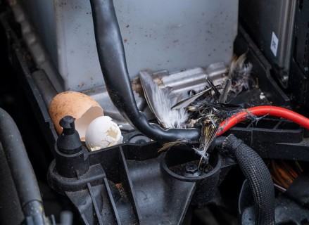 Engine compartment, engine of a passenger car with remains of prey of a stone marten (Martes