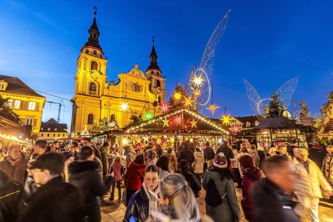 Baroque Christmas market with illuminated angels between the Protestant City Church and the