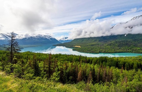 View of snowy mountains in spring and turquoise blue Kenai Lake, Slaughter Ridge Trail, Cooper