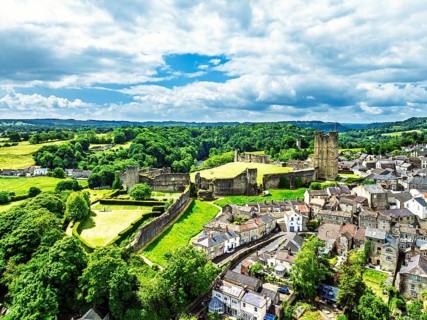 Richmond Castle from a drone, Richmond, Yorkshire Dales, North Yorkshire, England, United Kingdom