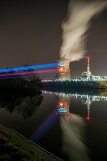 Protest action broadcast by the anti-nuclear organization, projection, night view, 05-03-2026,