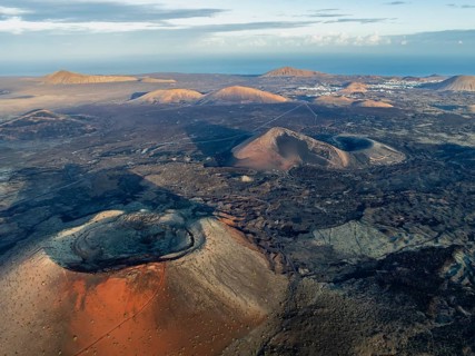 Caldera Colorada volcano, picturesque volcanic landscape with volcanic craters and lava fields in