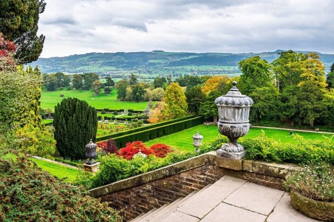 Autumn colors over Powis Castle and Garden, Welshpool, Powys, Wales, UK