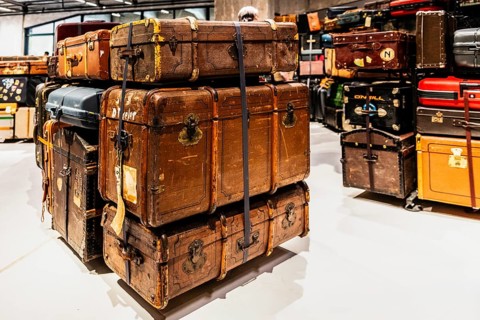 Luggage maze, historic suitcases, FENIX, museum about migration, in a historic warehouse in
