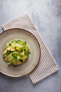 Spring, green salad, cucumber with apple, top view, close-up, no people, microselen radish, healthy