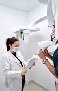 A dental assistant wearing protective gear operates an X-ray machine in a modern dental clinic,