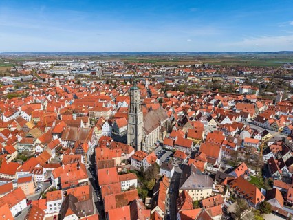 Aerial view of the historic old town of Nördlingen with the church of St. Georg and the 90-meter