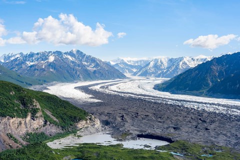 View of impressive mountain landscape with Matanuska glacier and glaciated mountain peaks, Lion's