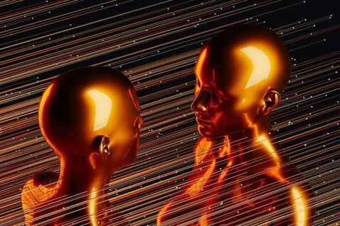 Two metal humanoids stand between illuminated lines representing the concept of artificial