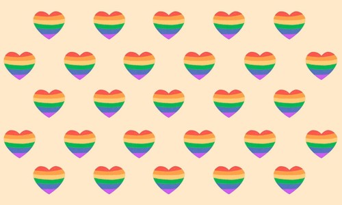 A pattern of heart shapes featuring rainbow colors on a beige background, symbolizing love and