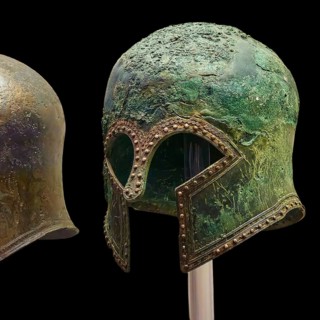 Corinthian bronze helmet, ancient Greek helmets with distinctive metal structures and greenish