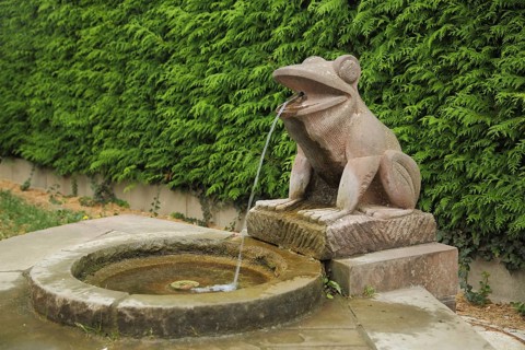 Frog fountain created in 1992 with water jet from open mouth, unknown artist, landmark, red stone