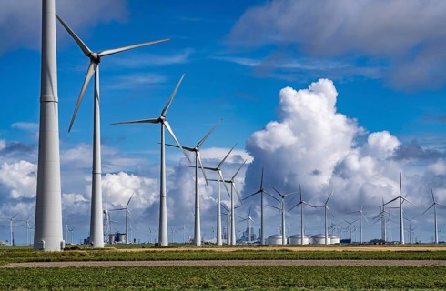 Wind farms Westereems and Growind, in the north of the Netherlands, near Eemshaven, energy centre,