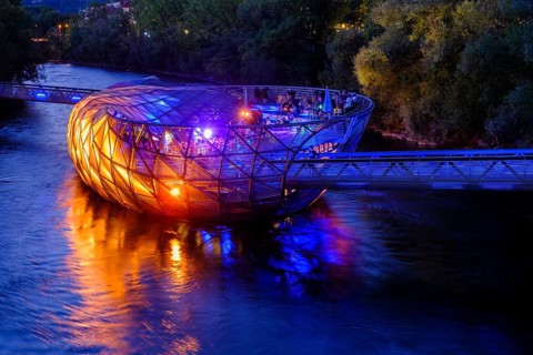 Murinsel, at dusk, architect Vito Acconci, river Mur, Graz, Styria, Austria