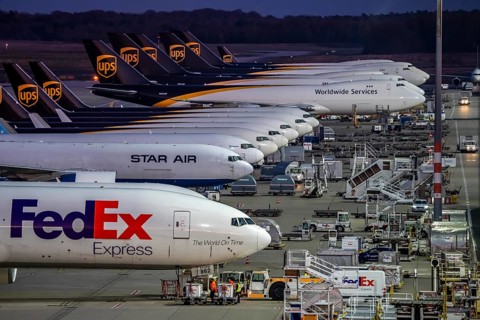 Cologne-Bonn airport, CGN, air freight center, UPS Logisic Hub, UPS cargo aircraft on the apron,